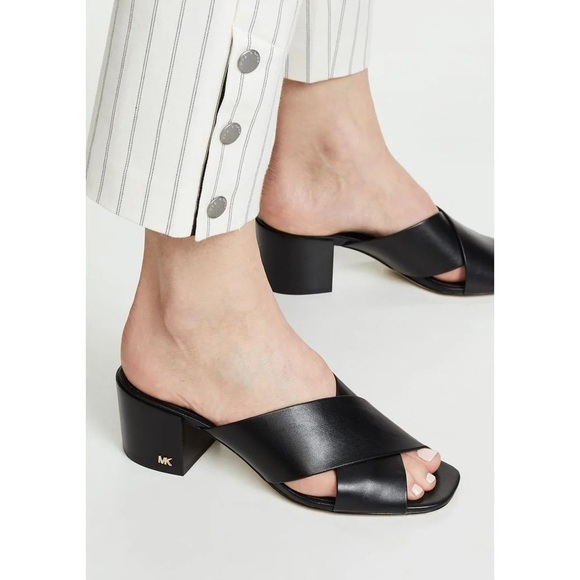 MICHAEL KORS Black Abbot Criss Cross Mules Block Heels | 6.5 | LIKE NEW WITH BOX - Picture 2 of 11